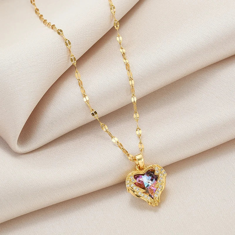DIEYURO 316L Stainless Steel Beautiful Love Heart Amethyst Gold Pendant Shiny Temperament Gift Women Jewelry Wear Everyday 2021