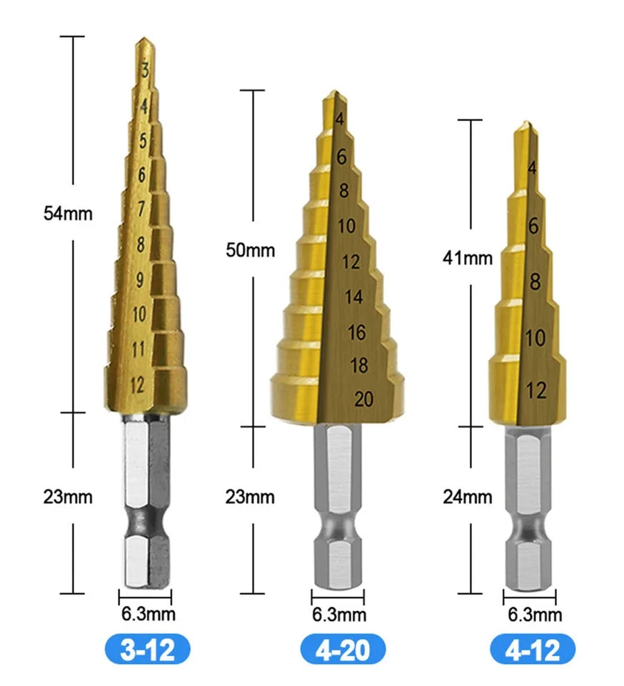 3pcs 3-12mm 4-12mm 4-20mm HSS Straight Groove Step Drill Bit Set Titanium Coated Wood Metal Hole Cutter Core Cone Drilling Tools