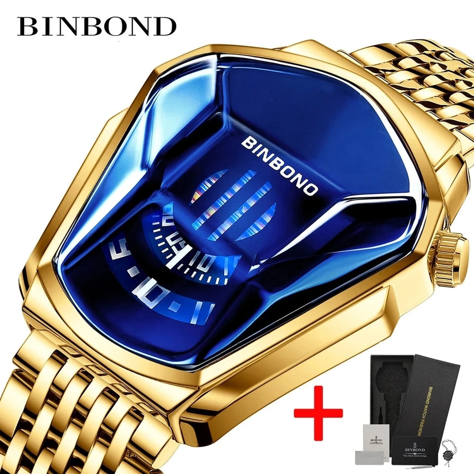 BINBOND Fashion Luxury Unique Military Motorcycle Stainless Steel Business Sports Men's Golden Watch Style Concept With box