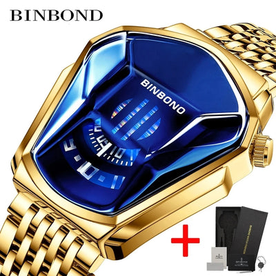BINBOND Fashion Luxury Unique Military Motorcycle Stainless Steel Business Sports Men's Golden Watch Style Concept With box