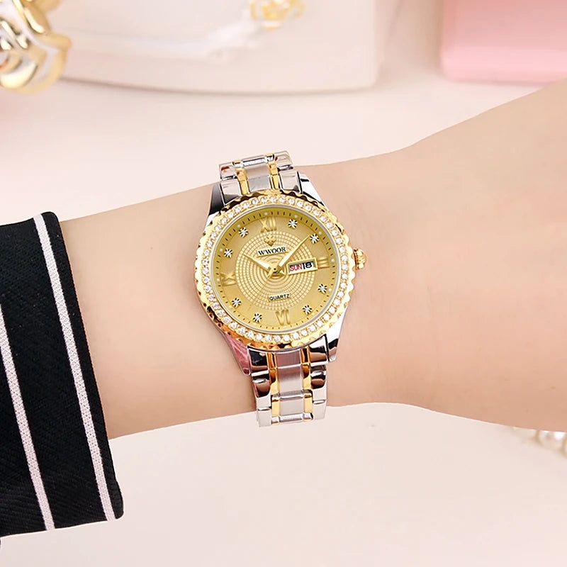 New WWOOR Top Brand Luxury Ladies Watch Original Diamond Women's Watch Waterproof Stainless Steel Luxury Wrist Watch Date Reloj