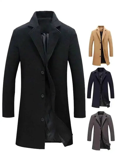 Single Breasted Lapel Long Coat Jacket Fashion Autumn Winter Casual Overcoat Plus Size Trench Men's Woolen Coats Solid Color