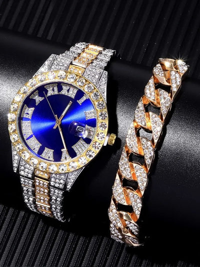 2PCs Fashion Luxury Full Diamond Steel Band Calendar Roman Scale Men's Steel Band Quartz Watch with Diamond Chain Bracelet