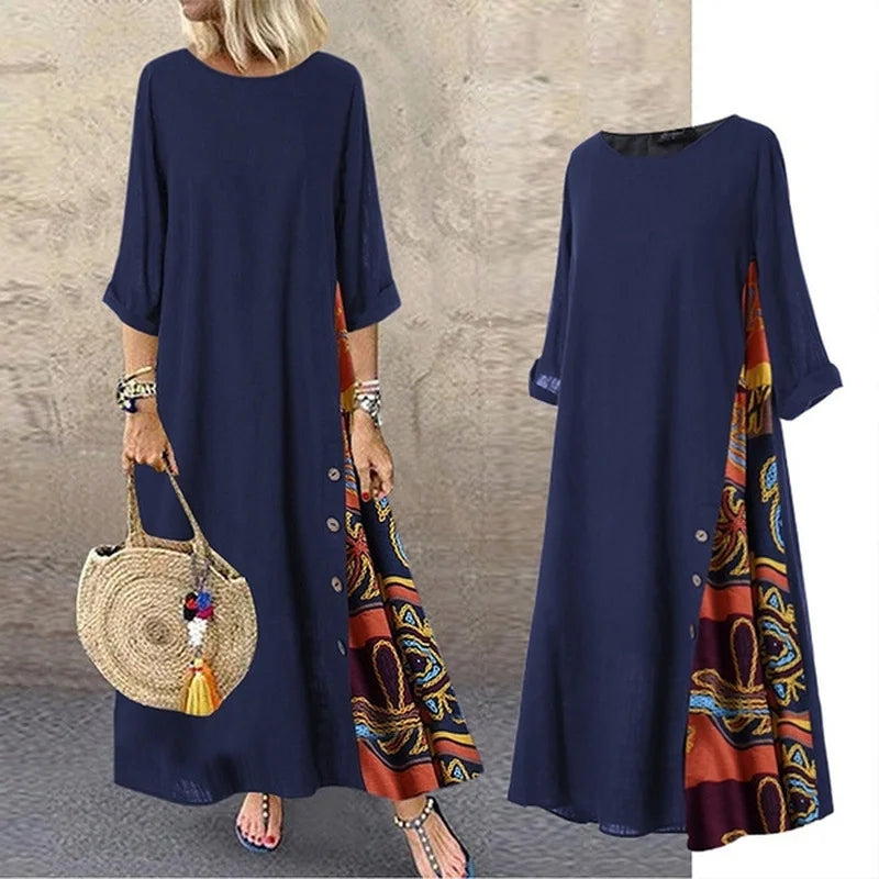 2023 Woman Summer Dress Vintage Cotton Linen Three Quarter Sleeve Long Dress Casual Loose Clothing Streetwear Party Dresses