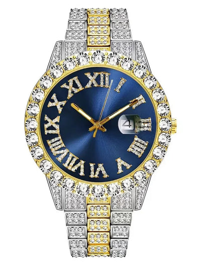 2PCs Fashion Luxury Full Diamond Steel Band Calendar Roman Scale Men's Steel Band Quartz Watch with Diamond Chain Bracelet