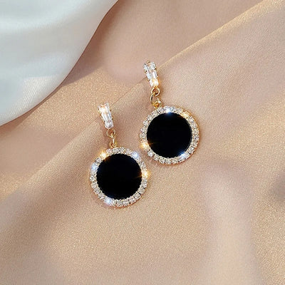 Korean version of hot new black round rhinestone earrings fashion simple and versatile temperament female wedding earrings jewel