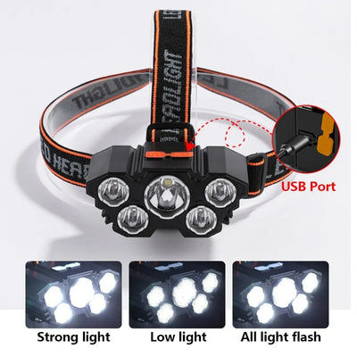 5 LED Headlamp Rechargeable with Built in 18650 Battery Strong Light Headlight Camping Adventure Fishing Head Light Flashlight