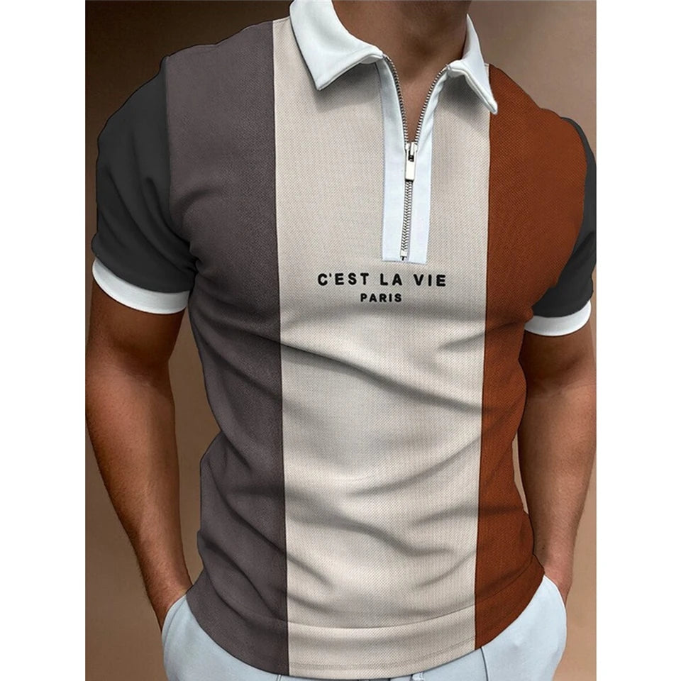 Summer Men Fashion Polo Shirt Male Solid Color Stripe Printing Clothing Casual Short Sleeve Tops Tees Vintage Lapel Camiseta