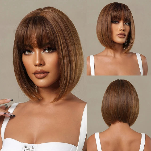 Brown Blonde Ombre Synthetic Wigs Short Straight Bob Wigs for Women Middle Part Lolita Cosplay Natural Hair Heat Resistant Fiber - My Store