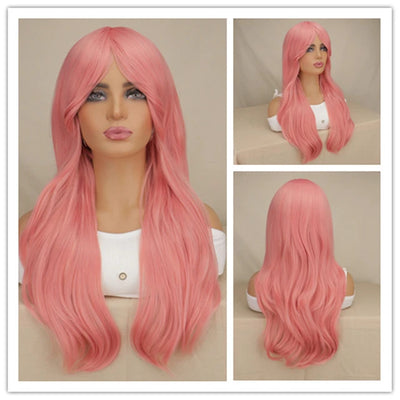 Women Long Wavy Cosplay Wig Red Rose Pink Black Blue Sliver Gray Brown Temperature Synthetic Hair Wigs - My Store