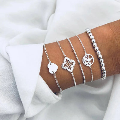 Trendy Geometric Link Chain Bracelet Set For Women Rhinestones Gold Color Leaves Heart Pendant Open Cuff Bangle Girls Jewelry - My Store