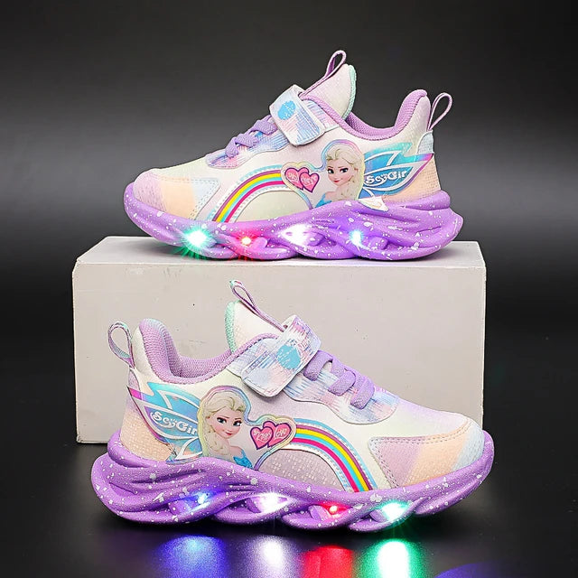Disney Casual Sneakers LED Lighted For Spring Girls Frozen Elsa Princess Rainbow Outdoor Children Non-slip Pink Purple Shoes - My Store
