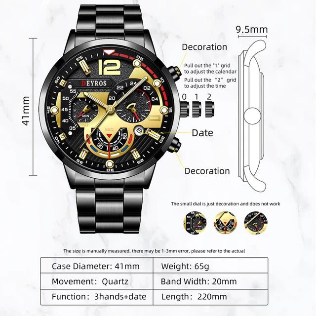 3PCS Set Fashion Mens Watches Luxury Men Business Calendar Stainless Steel Quartz Watch Male Casual Necklace Bracelet Wristwatch - My Store