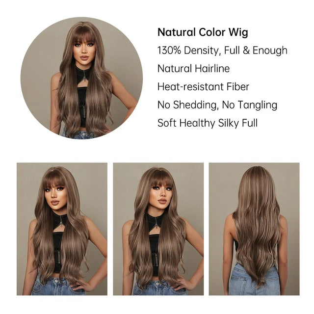 HAIRCUBE Brown Mixed Blonde Synthetic Wigs with Bang Long Natural Wavy Hair Wig for Women Daily Cosplay Use Heat Resistant - My Store