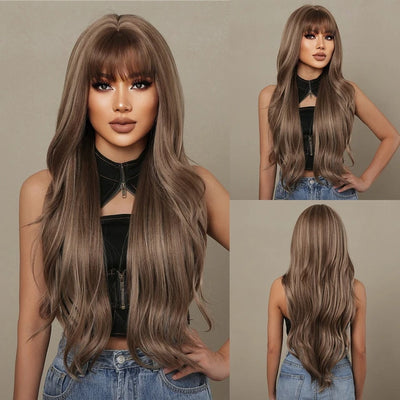 HAIRCUBE Brown Mixed Blonde Synthetic Wigs with Bang Long Natural Wavy Hair Wig for Women Daily Cosplay Use Heat Resistant - My Store