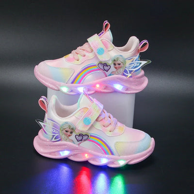 Disney Casual Sneakers LED Lighted For Spring Girls Frozen Elsa Princess Rainbow Outdoor Children Non-slip Pink Purple Shoes - My Store