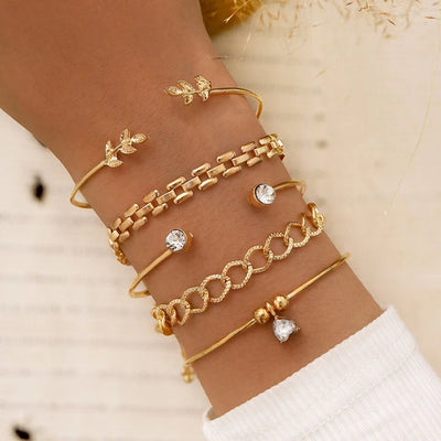 Trendy Geometric Link Chain Bracelet Set For Women Rhinestones Gold Color Leaves Heart Pendant Open Cuff Bangle Girls Jewelry - My Store