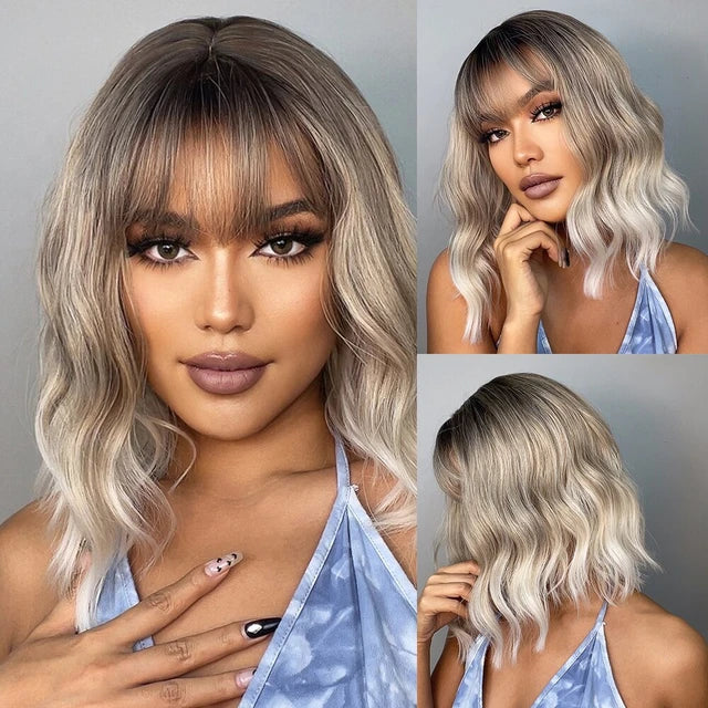 Women Grey Wavy Bob Wigs with Bangs Short Blonde Ombre Synthetic Wig With with Dark Roots Natural Hair for Daily Use - My Store