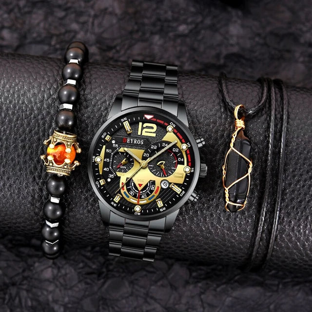 3PCS Set Fashion Mens Watches Luxury Men Business Calendar Stainless Steel Quartz Watch Male Casual Necklace Bracelet Wristwatch - My Store