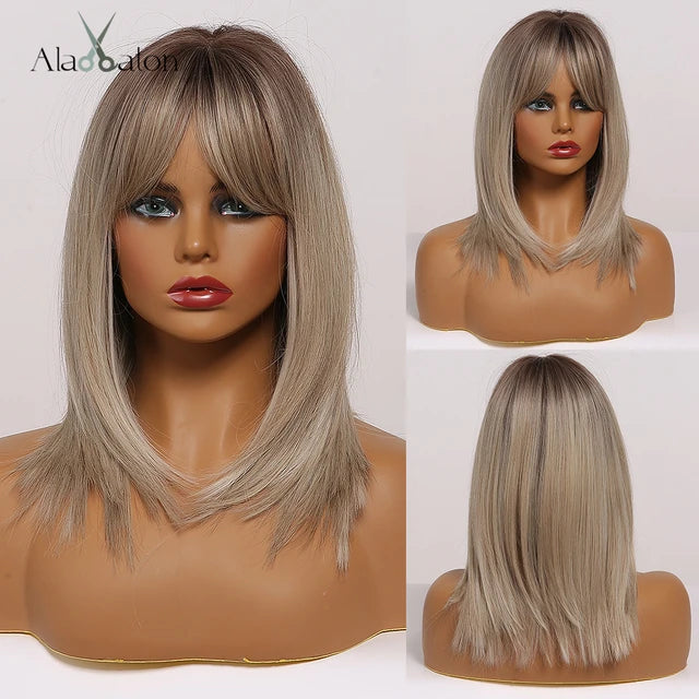 ALAN EATON Layered Sythetic Wigs with Bangs Straight Short Highlights Blonde Hair Wig with for Women Natural Daily Cosplay Wigs - My Store