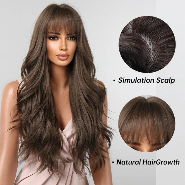 Brown Wavy Wigs for Women with Bangs Long Natural Synthetic Hair Wig Daily Cosplay Heat Resistant - My Store