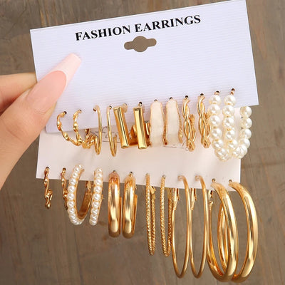 LATS Boho Big Circle Hoop Earring Set for Women Gold Color Bohemia Vintage Pearl Square Earring Heart Zircon Ear Studs Jewelry - My Store
