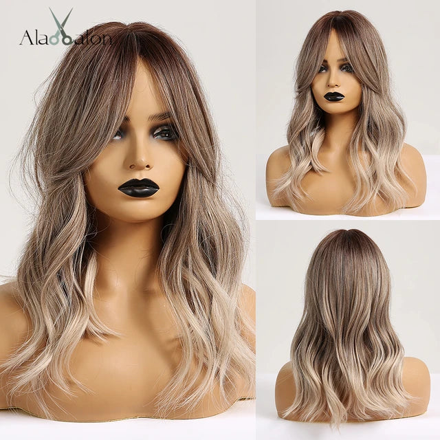 ALAN EATON Layered Sythetic Wigs with Bangs Straight Short Highlights Blonde Hair Wig with for Women Natural Daily Cosplay Wigs - My Store