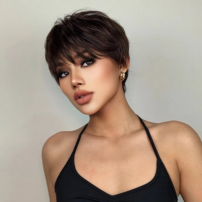 Short Pixie Cut Dark Brown Synthetic Wigs Natural Straight Layered Wig with Fluffy Bangs for Women Daily Heat Resistant Hair - My Store