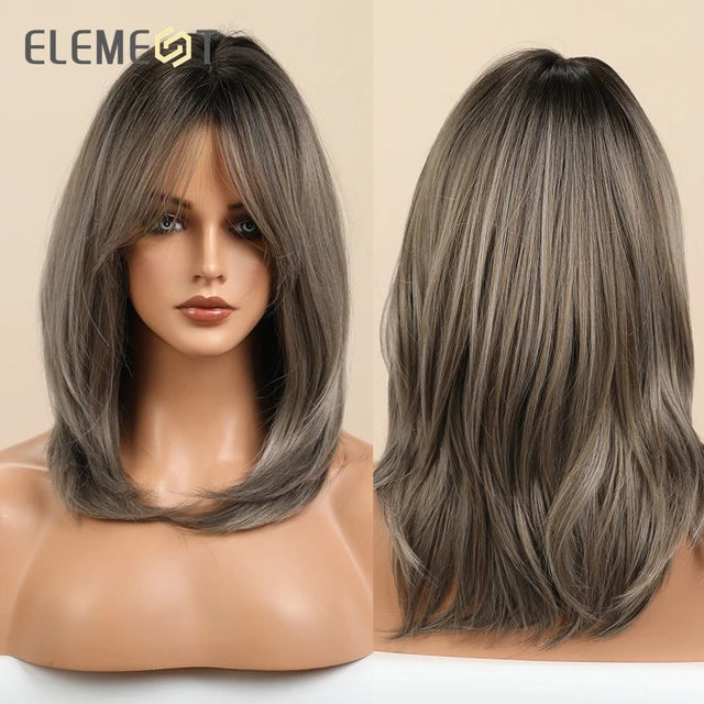 ELEMENT Synthetic Wig Medium Wavy Hair Brown Mixed Blonde Wigs for Women Daily Party Cool Heat Resistant Breathable Headband - My Store