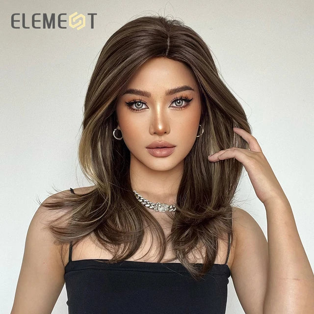 ELEMENT Synthetic Wig Medium Wavy Hair Brown Mixed Blonde Wigs for Women Daily Party Cool Heat Resistant Breathable Headband - My Store