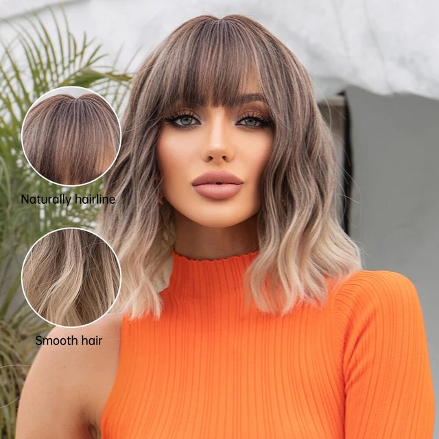 Women Grey Wavy Bob Wigs with Bangs Short Blonde Ombre Synthetic Wig With with Dark Roots Natural Hair for Daily Use - My Store