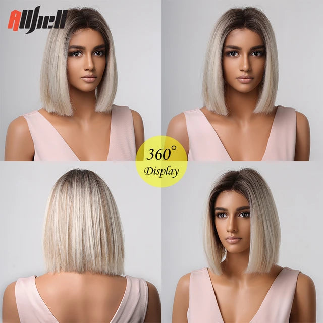 Brown Blonde Ombre Synthetic Wigs Short Straight Bob Wigs for Women Middle Part Lolita Cosplay Natural Hair Heat Resistant Fiber - My Store