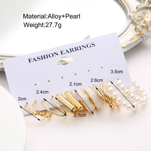 LATS Boho Big Circle Hoop Earring Set for Women Gold Color Bohemia Vintage Pearl Square Earring Heart Zircon Ear Studs Jewelry - My Store