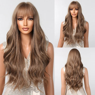 Brown Wavy Wigs for Women with Bangs Long Natural Synthetic Hair Wig Daily Cosplay Heat Resistant - My Store